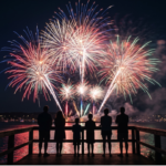 A horizontal, wide-angle photograph from behind six people in silhouette, including two adults and four children, standing on a dark wooden dock.
