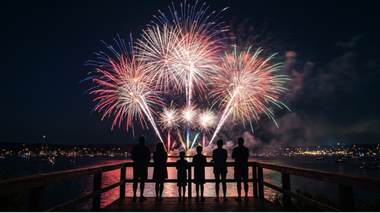 A horizontal, wide-angle photograph from behind six people in silhouette, including two adults and four children, standing on a dark wooden dock.