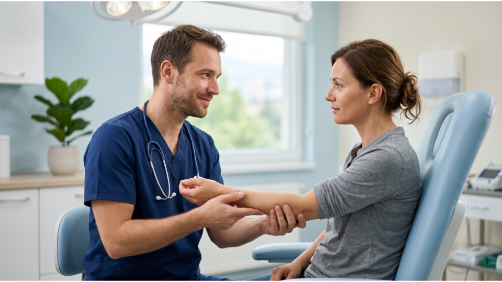 A male provider examining a female patient's arm.