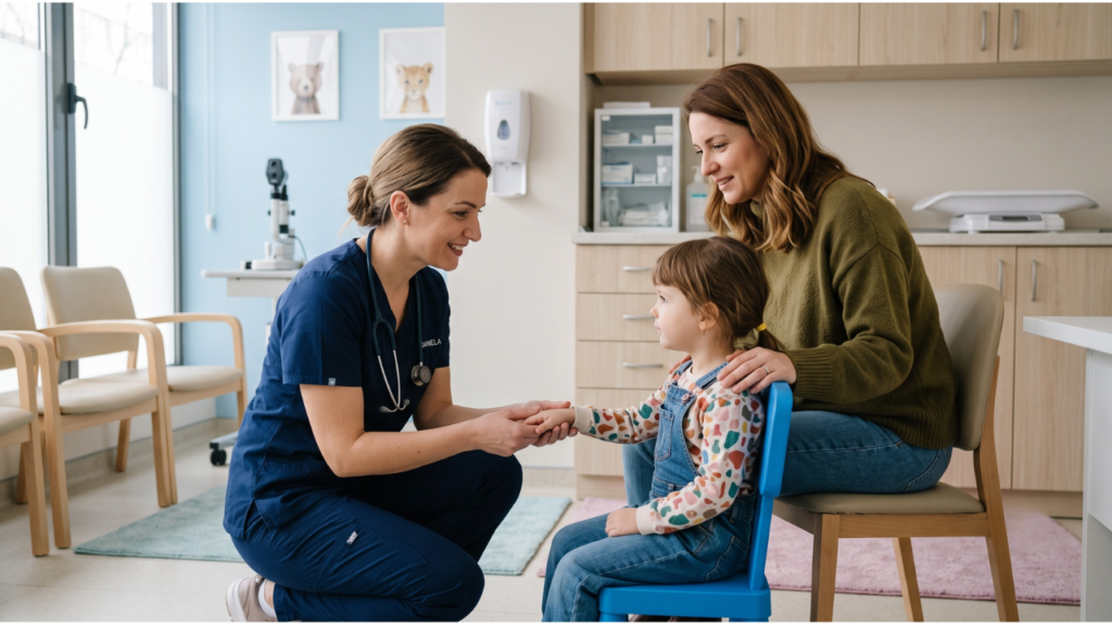 he nurse, wearing blue scrubs with a 'DANIELA' name tag, is kneeling and gently holding the small hand of a child seated in denim overalls.
