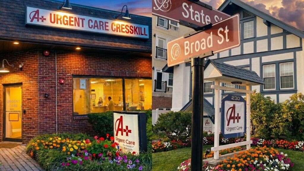 A Plus Urgent Care split image with Closter location on left and Bloomfield location on the right