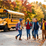 Group of children with backpacks walking near a parked yellow school bus in autumn.