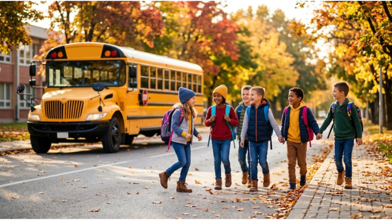 Group of children with backpacks walking near a parked yellow school bus in autumn.