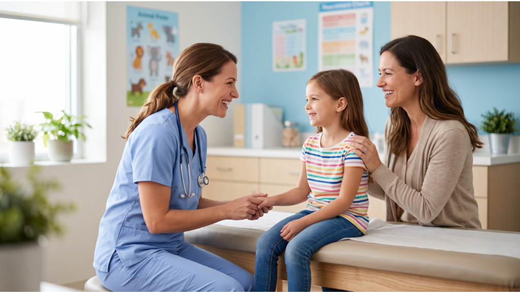 A photorealistic 16:9 photograph of a joyful female doctor in light blue scrubs checking a smiling young girl in a brightly lit pediatric clinic room, with a happy parent sitting reassuredly beside them.