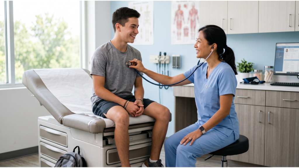 A healthcare provider listens with a stethoscope to the chest of a smiling teenager.