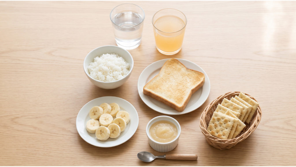 An overhead photograph of a simple meal on a light wood table featuring white rice, sliced bananas, a slice of toast, a glass of water, and a glass of juice.