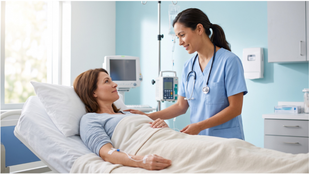 riendly female doctor in light blue scrubs checking on an adult patient 