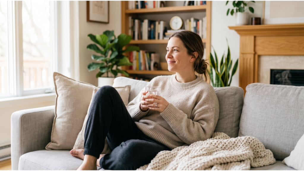 A woman with her hair in a casual bun relaxes on a grey fabric sofa, sitting cross-legged and leaning against a pillow.