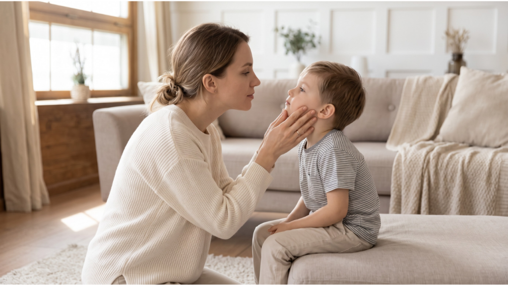 parent gently checking child's eye