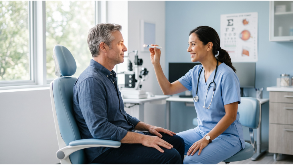 doctor examining patient's eyes