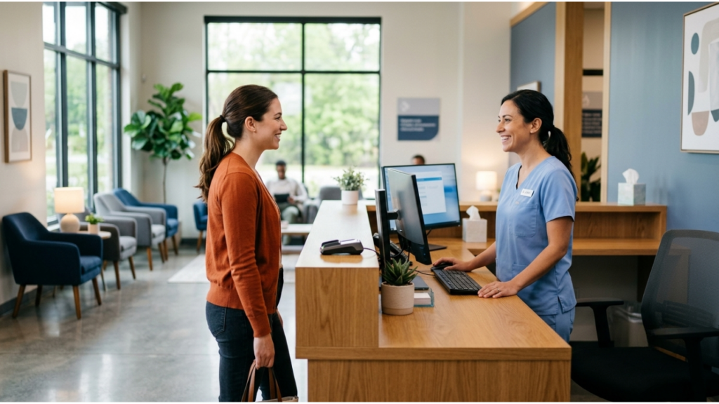 A bright, modern urgent care reception area featuring a smiling female receptionist in light blue medical scrubs behind a wood-accented counter, greeting a female patient.