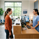 A bright, modern urgent care reception area featuring a smiling female receptionist in light blue medical scrubs behind a wood-accented counter, greeting a female patient.