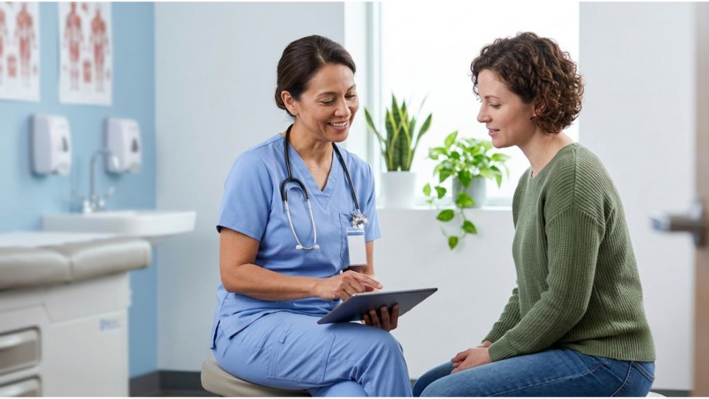 A candid, photorealistic photograph of a warm, reassuring female nurse practitioner in blue scrubs seated and talking with an adult female patient in a clean, modern medical exam room.