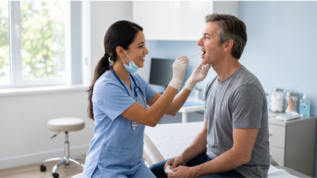 parent comforting child with a sore throat