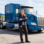 The driver wears casual work clothing and looks healthy, capable, and approachable