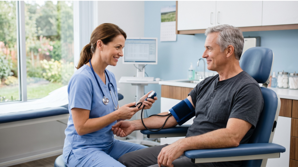 a friendly doctor in light blue scrubs checking the blood pressure of an adult male patient in a clean, modern exam room. 