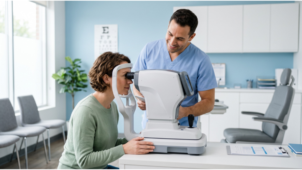 a healthy adult patient taking a vision test in a bright, modern clinic, looking through a vision screening device or reading an eye chart, with a friendly medical provider in scrubs guiding the exam nearby.