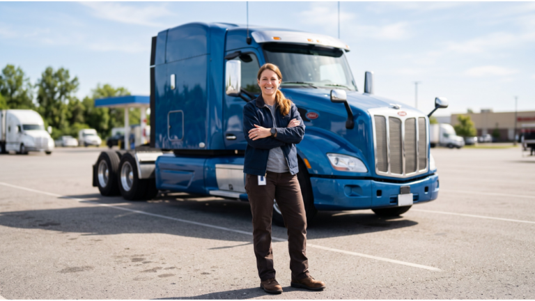 The driver wears casual work clothing and looks healthy, capable, and approachable