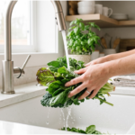 washing greens under running water