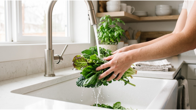washing greens under running water