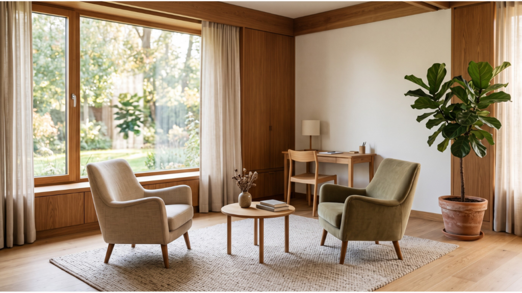 A calm, empty consultation room with comfortable armchairs, warm wood details, and soft natural window light.