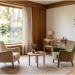 A calm, empty consultation room with comfortable armchairs, warm wood details, and soft natural window light.