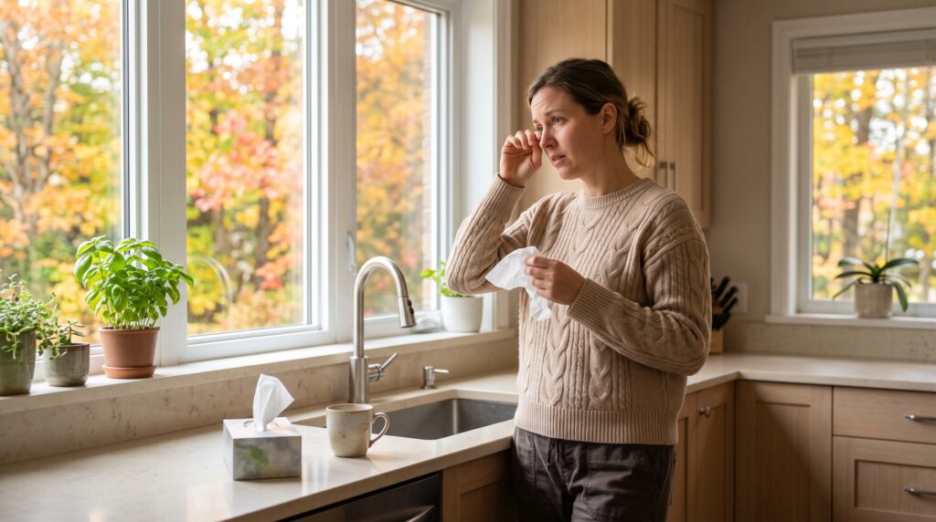 Adult with fall allergy symptoms at home in New Jersey