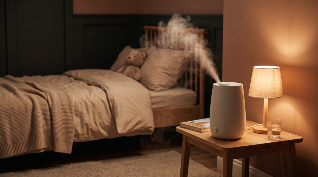 Cool mist humidifier in a child's bedroom at night