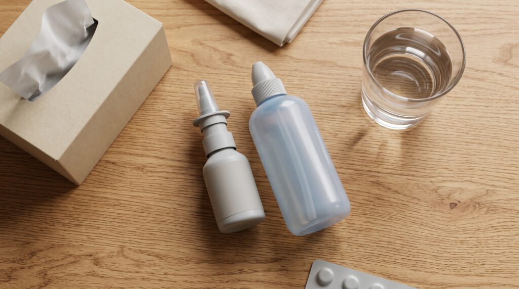 Allergy relief supplies including nasal spray and saline rinse