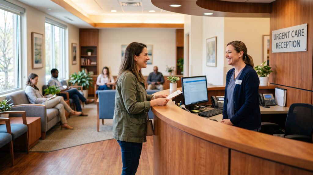 Patient checking in at a walk-in urgent care clinic