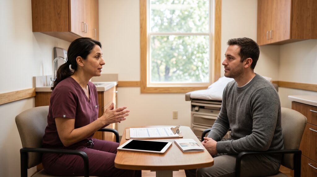 A photograph of a female healthcare provider in maroon scrubs seated at a desk and speaking with a male patient in a grey sweater. They are in a well-lit medical exam room with a window, wooden cabinets, and an examination table in the background. Documents and a tablet are on the desk between them.