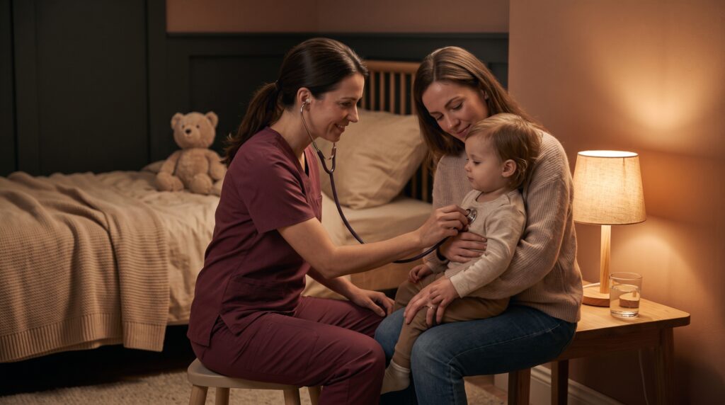 Provider checking a young child's breathing at urgent care