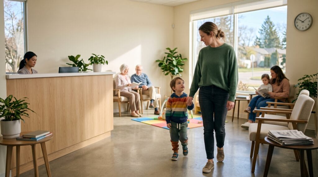 Family arriving at urgent care on a weekend