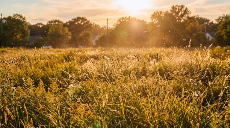 Wide view of a field filled with tall wild grasses and yellow wildflowers, illuminated by a hazy golden sunset. The setting sun casts a warm glow, with lens flare and dust motes in the air, and blurred trees and houses in the background.