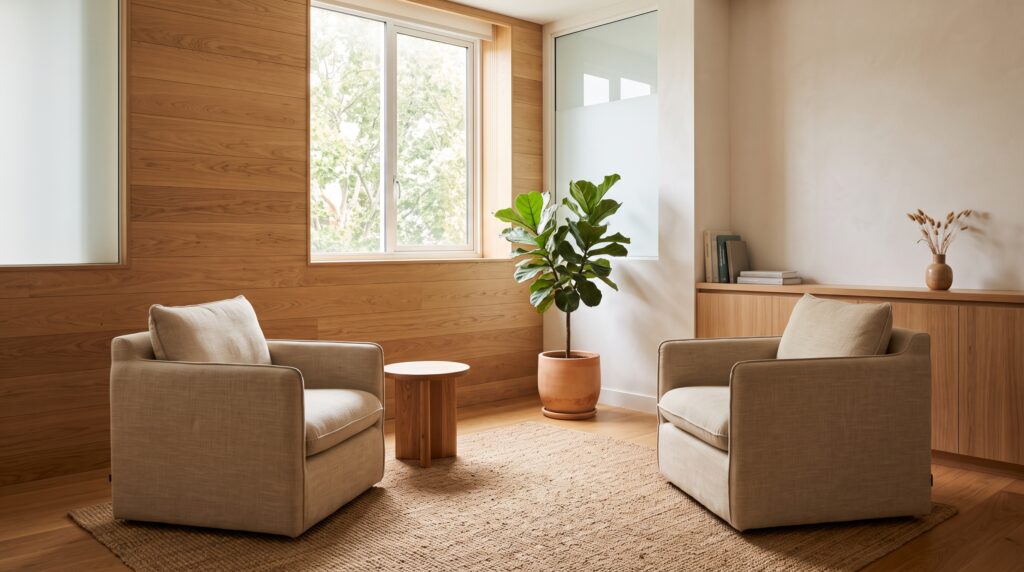 A modern, serene consultation room with two beige upholstered armchairs, a wooden side table, a potted Fiddle Leaf Fig plant, and a natural fiber rug set against a wood-paneled wall with a large window and built-in cabinet.