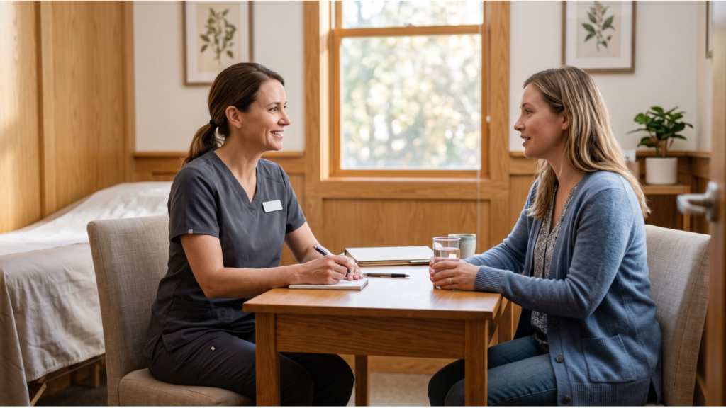 A female doctor and patient talking calmly across a wooden table in a warm, naturally lit consultation room.