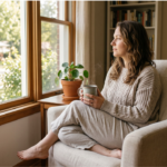 a woman in her 30s sitting thoughtfully by a sunlit window at home, alt text "STD symptoms in women testing NJ"