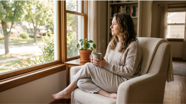 a woman in her 30s sitting thoughtfully by a sunlit window at home, alt text "STD symptoms in women testing NJ"